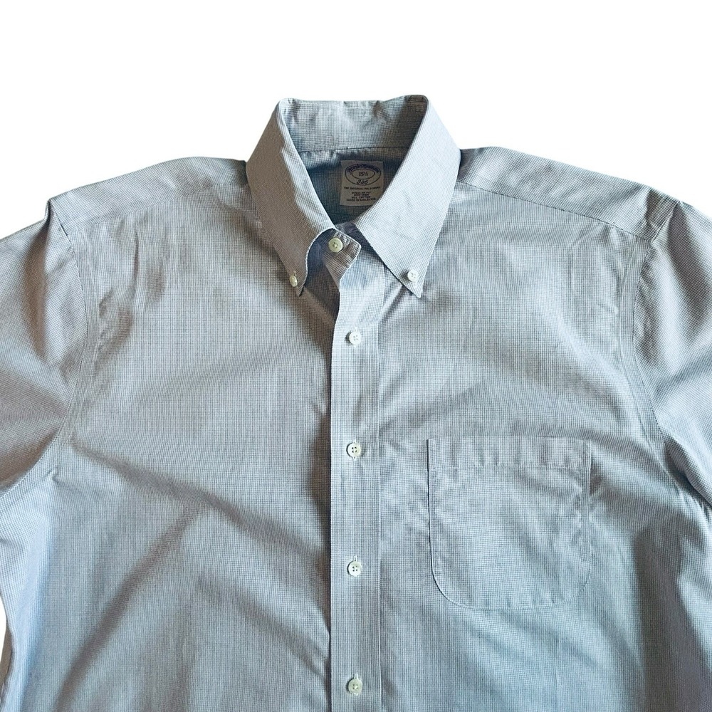 Brooks Brothers 346 Polo Shirt 15.5 Regular Fit Non-Iron Blue Micro Check Mens